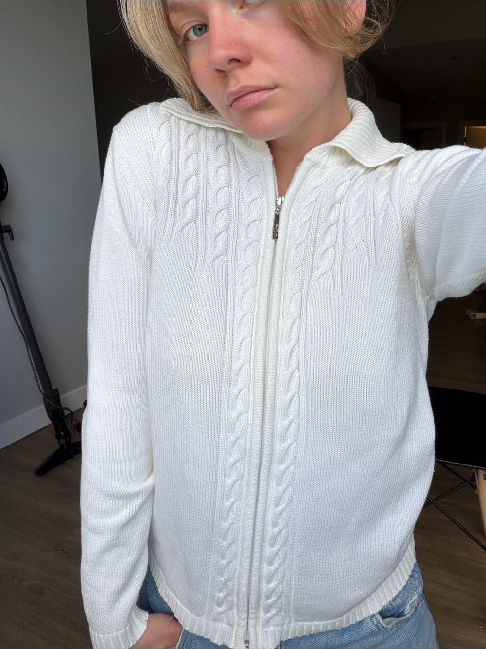 Women’s White Cable-Knit Zip-Up Sweater